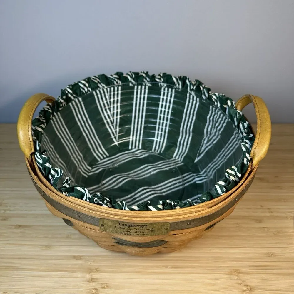 Longaberger 1999 Christmas Collection Popcorn Basket Green Liner & Tray Vintage